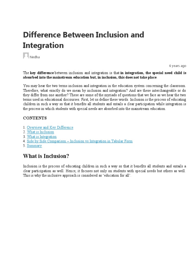 Inclusion Vs Integration | PDF | Cognition | Learning