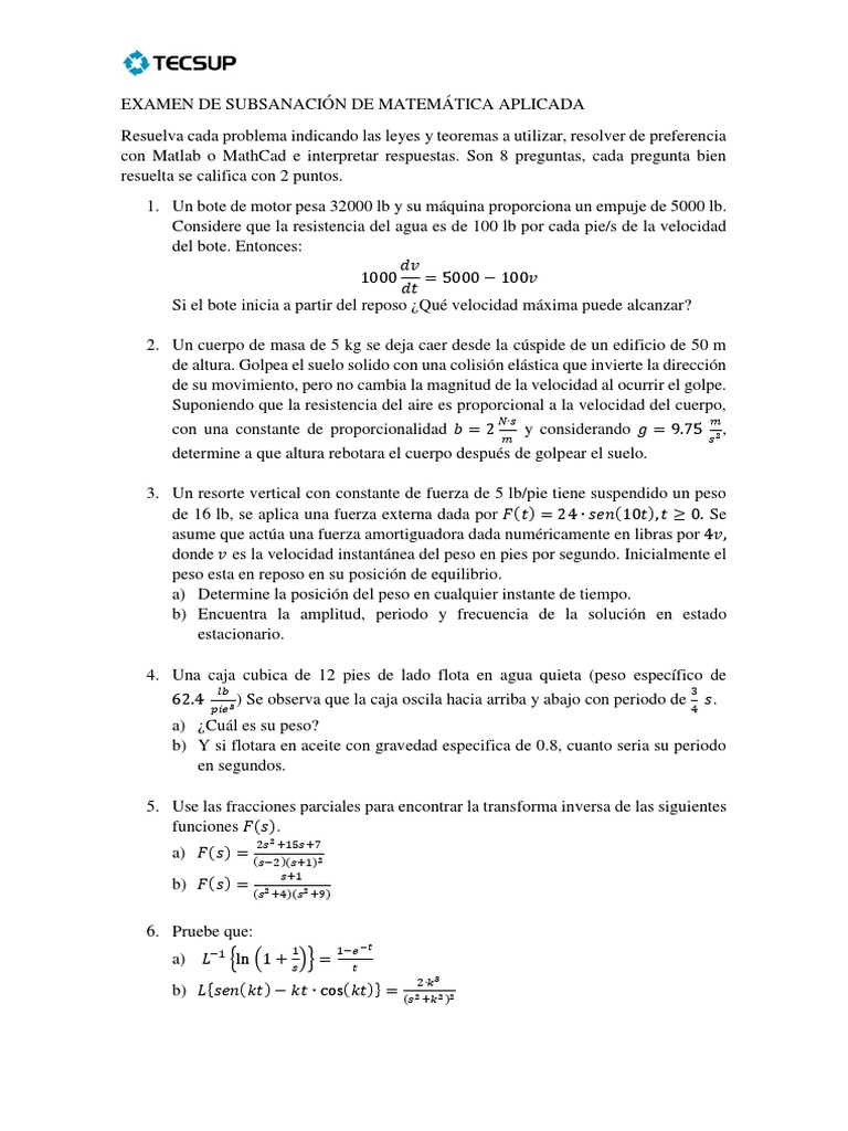EXAMEN+DE+SUBSANACI%C3%93N+DE+MATEM%C3%81TICA+APLICADA | PDF | Fuerza ...