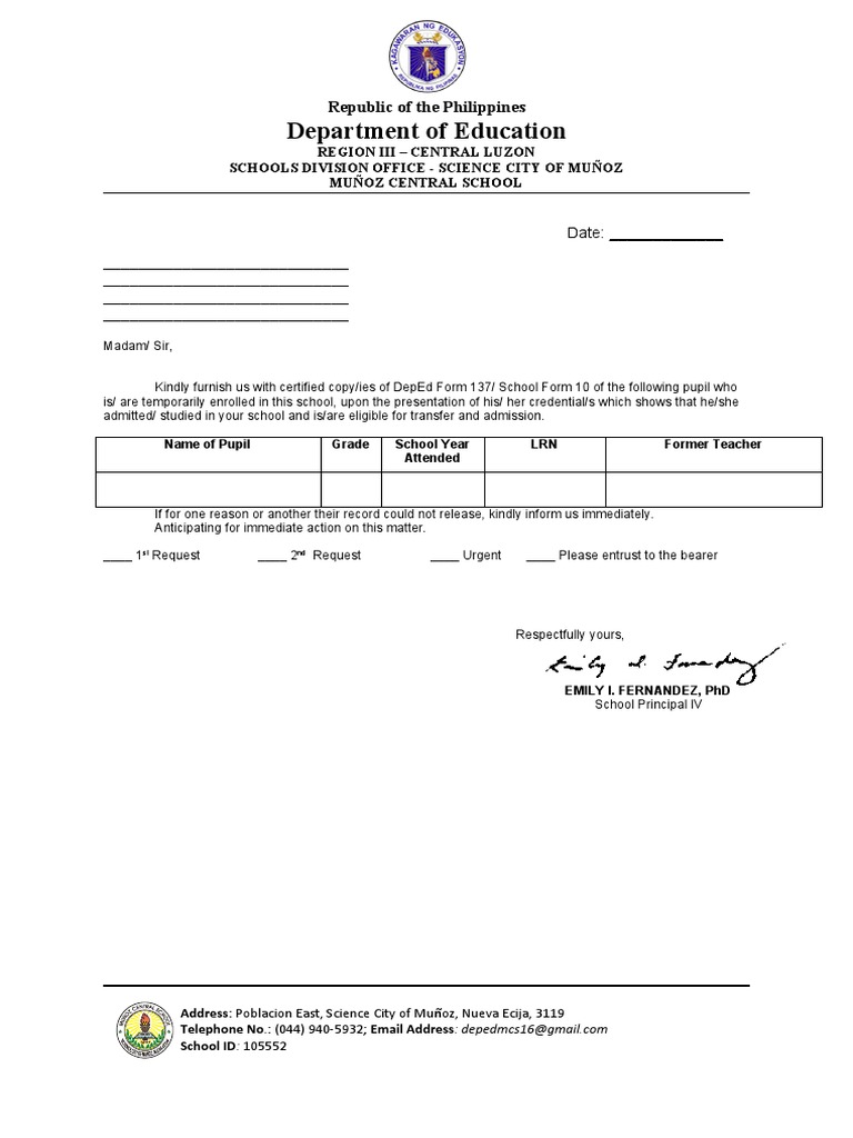 Request for DepEd Form 137 Copies | PDF
