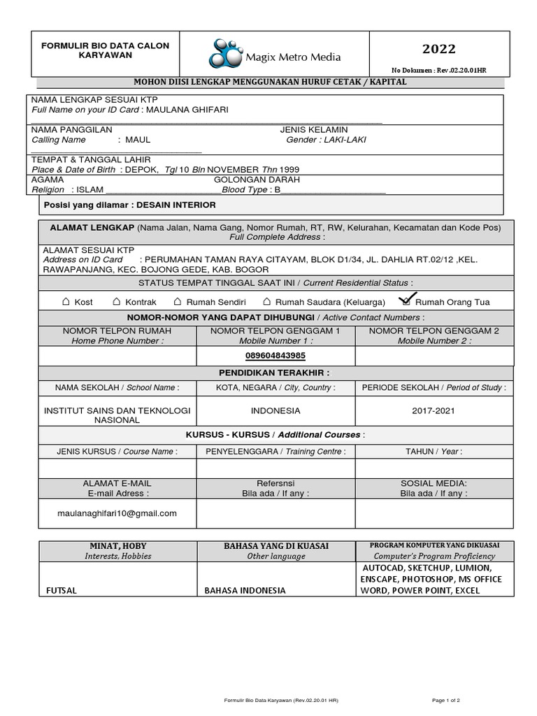 Form Data Calon Karyawan MAGIX METRO MEDIA Maulana Ghifari PDF