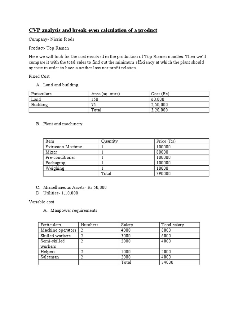 CVP Analysis and Break-Even Calculation of A Product | PDF | Technology ...
