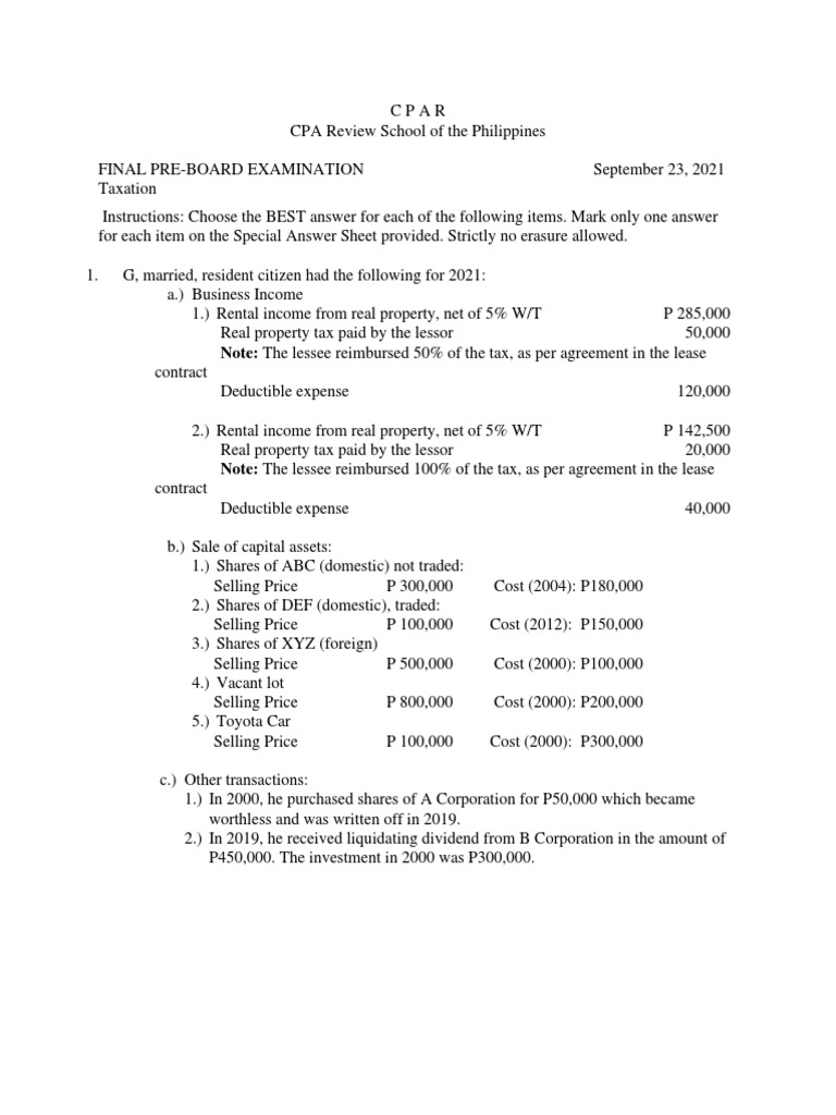 Taxation Pre-Board Exam 2021 | PDF | Taxes | Value Added Tax