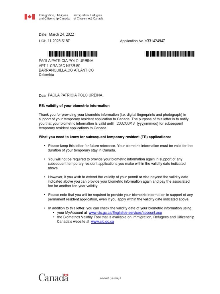 RE Validity of Your Biometric Information WWW Cic.gc Ca/english/e
