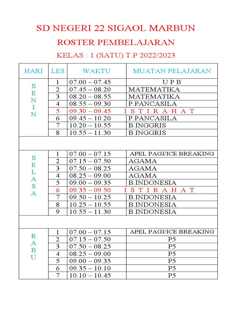Roster Pembelajaran Kls 1 | PDF