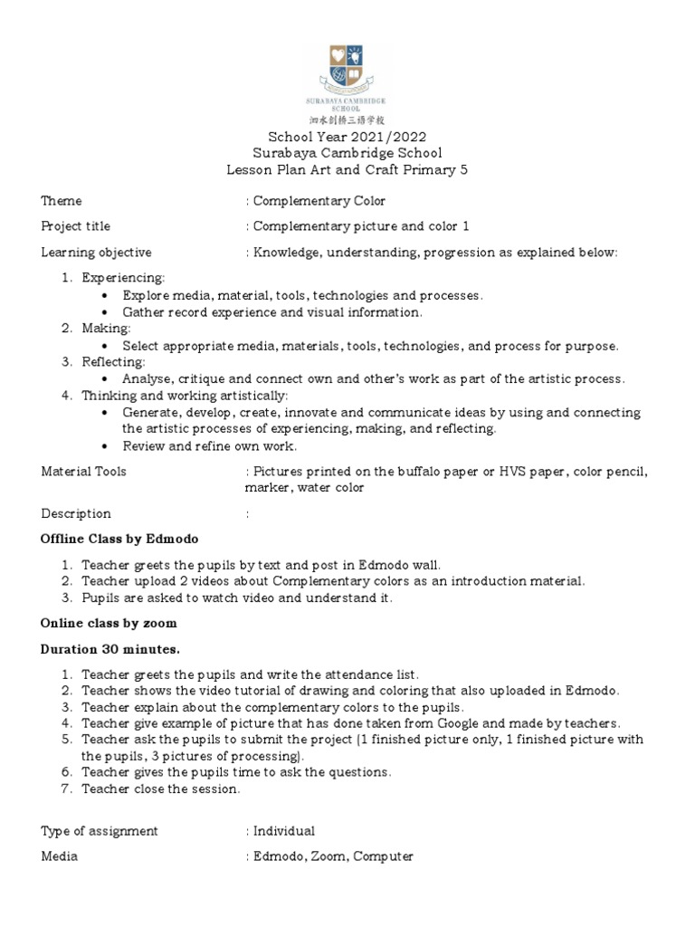 Primary 5 Art Lesson Plan: Complementary Colors | PDF | Lesson Plan ...