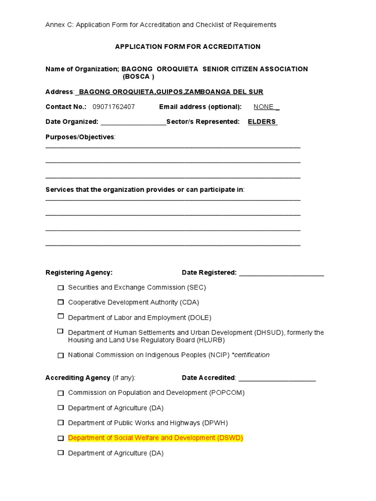 Annex C Application Form and Checklist of Requirements | PDF | Welfare ...