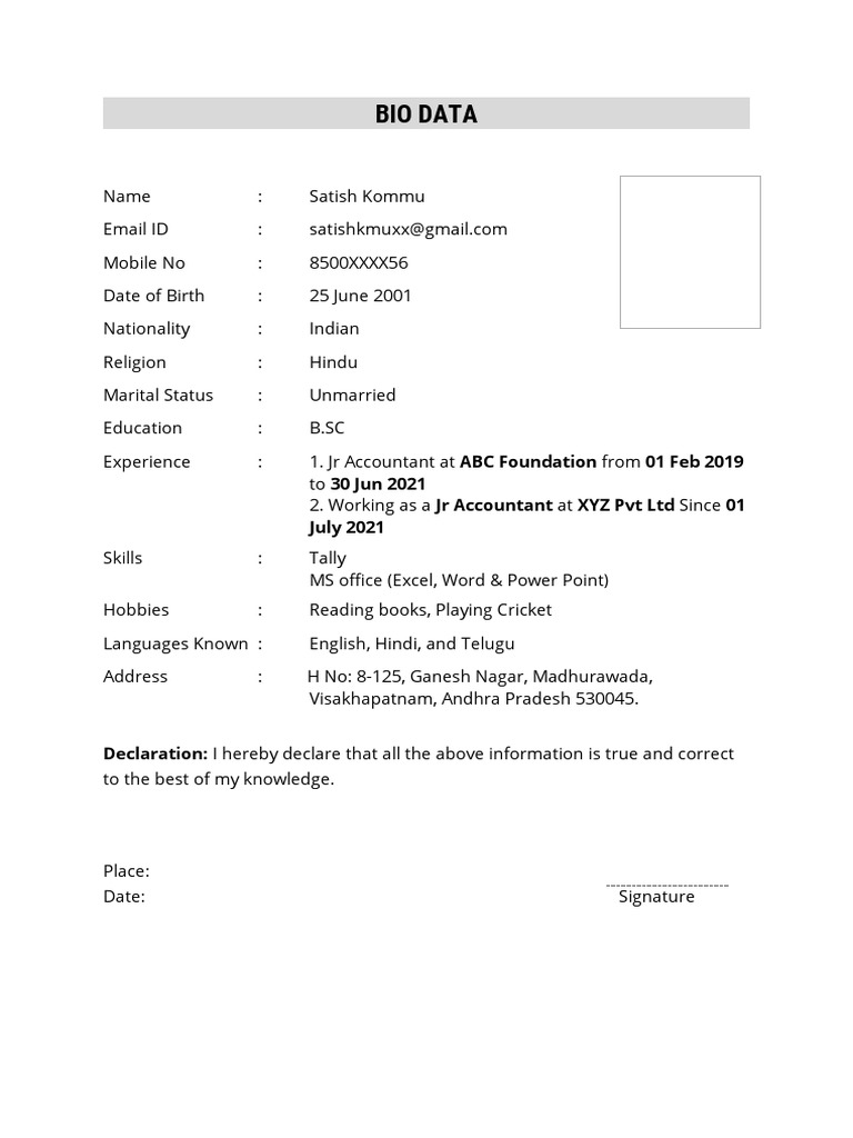Sample Job Biodata Format | PDF