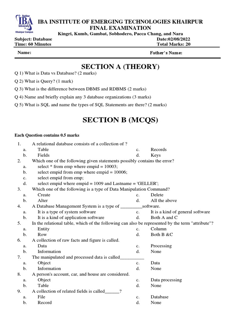 Database Sql Mcqs