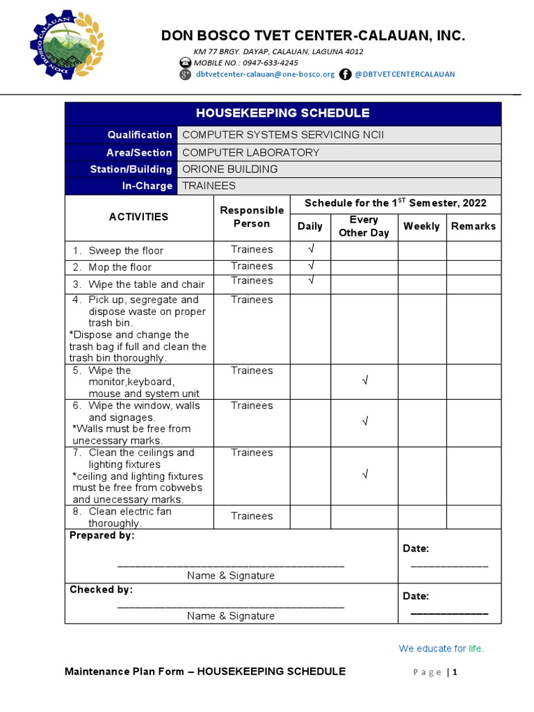 Housekeeping Schedule Overview | PDF | Components | Computer Science