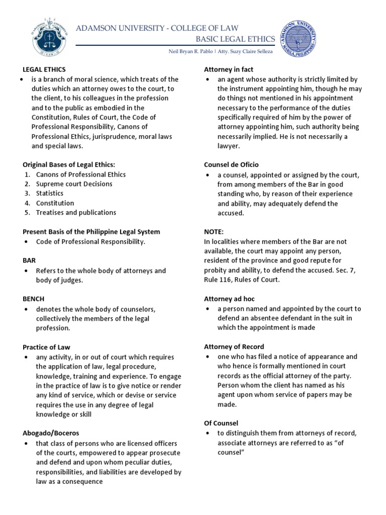 Adamson University College of Law Basic Legal Ethics PDF Lawyer