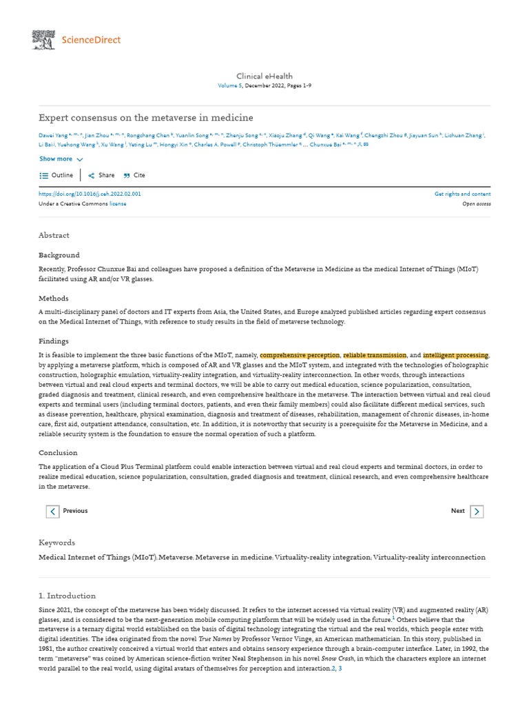 Expert Consensus On The Metaverse in Medicine ScienceDirect PDF