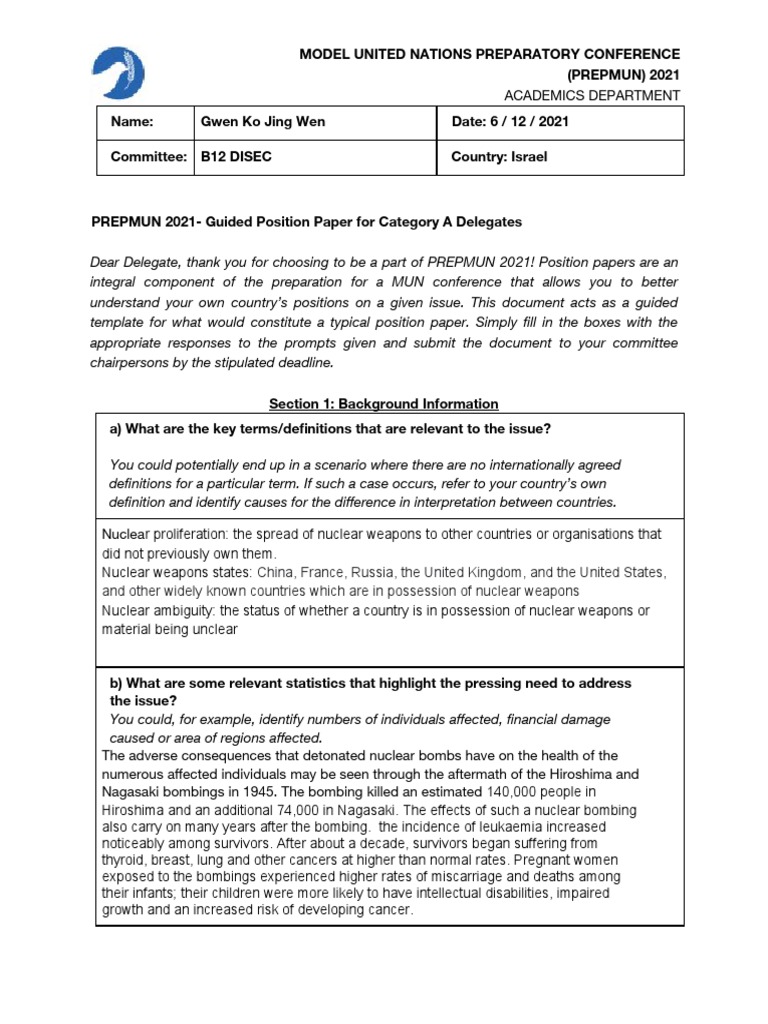 PREPMUN 2021: Israel's Nuclear Position Paper | PDF | Nuclear Weapons ...