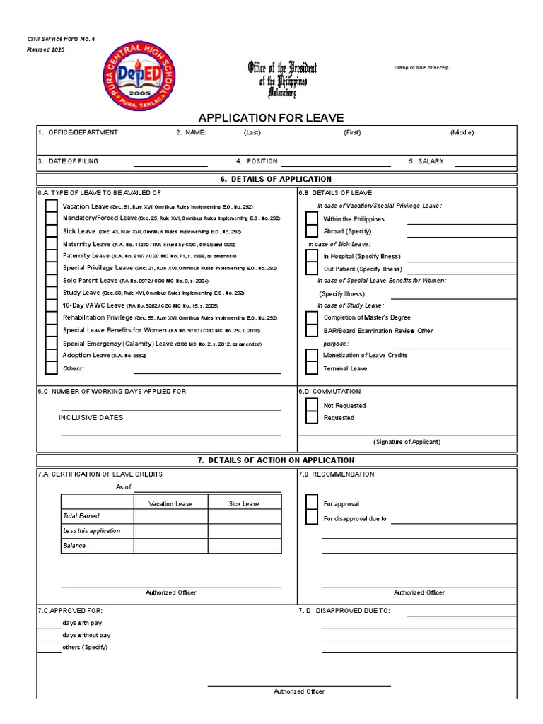 Civil Service Form No. 6: Leave Application | PDF | Parental Leave ...