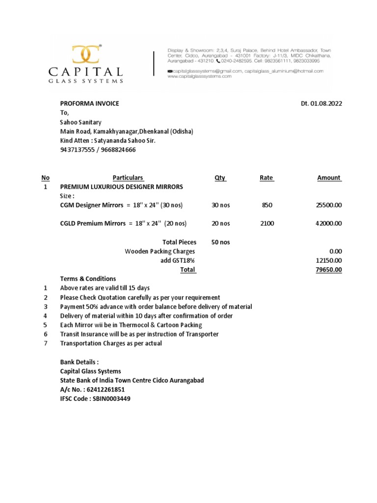 Proforma Invoice for Designer Mirrors | PDF