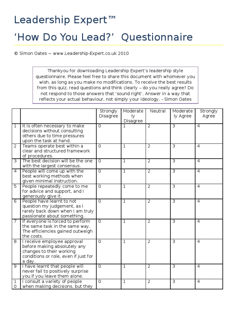 Leadership Expert Questionnaire Leadership Leadership & Mentoring