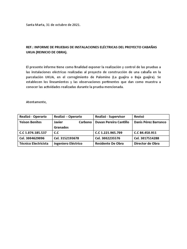 Informe de Pruebas Eléctricas en Ukua | PDF | Cableado eléctrico ...