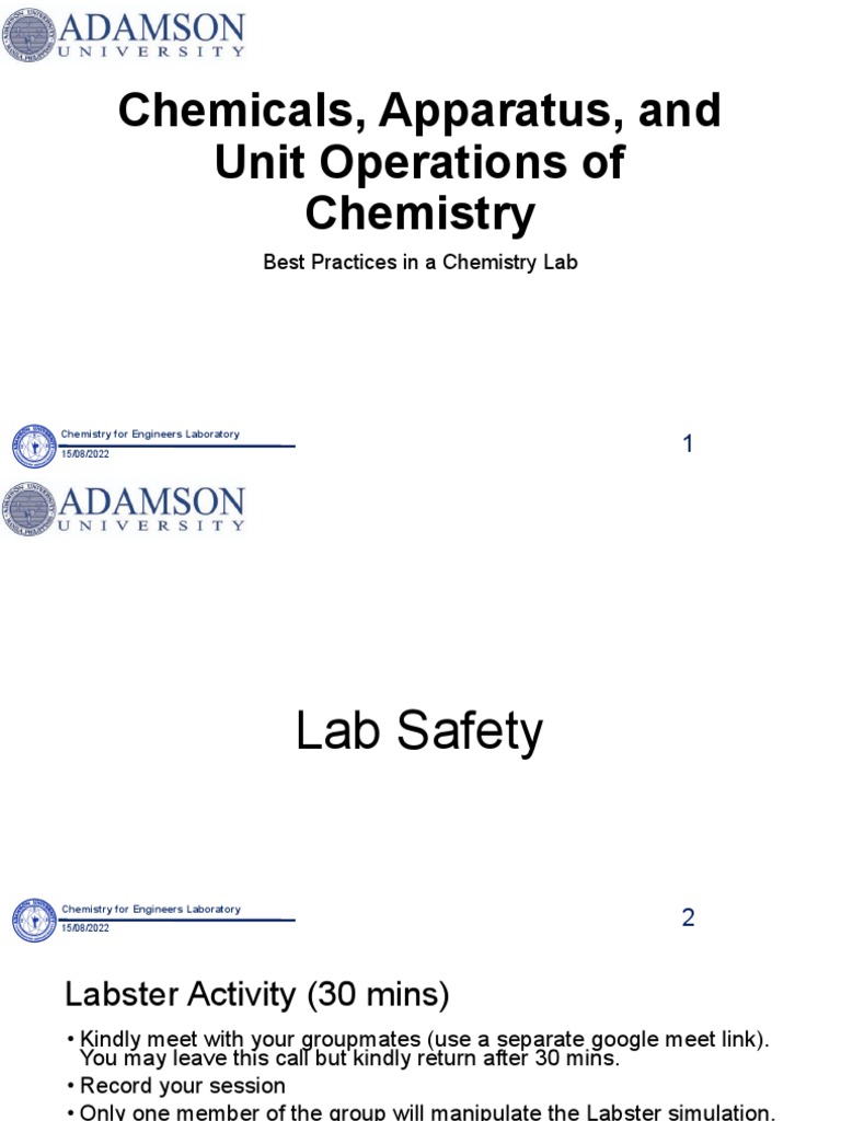 Chemicals, Apparatus, and Unit Operations of Chemistry Best Practices