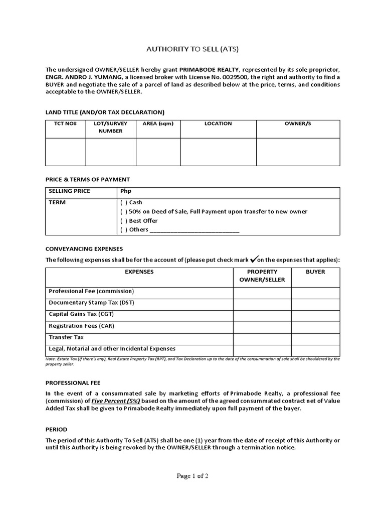 Authority To Sell (Ats) : TCT No# Lot/Survey Number AREA (SQM) Location ...