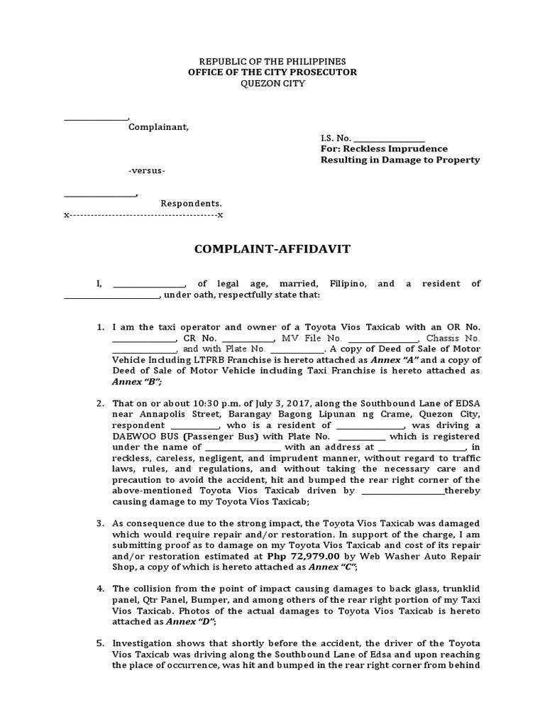 Reckless Imprudence Sample Complaint PDF Transport Vehicles