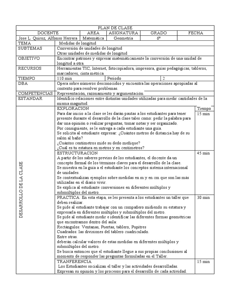 Formato Plan De Clase Pdf Longitud Metro