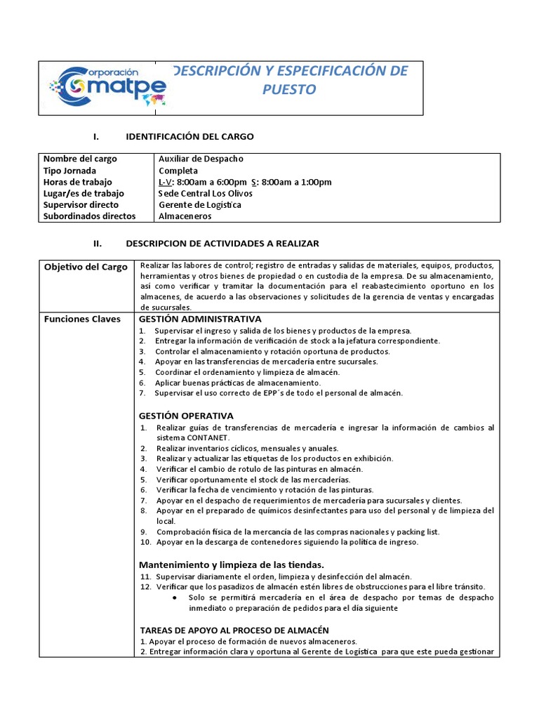Descripcion de Puesto Auxiliar de Despacho | Descargar gratis PDF ...