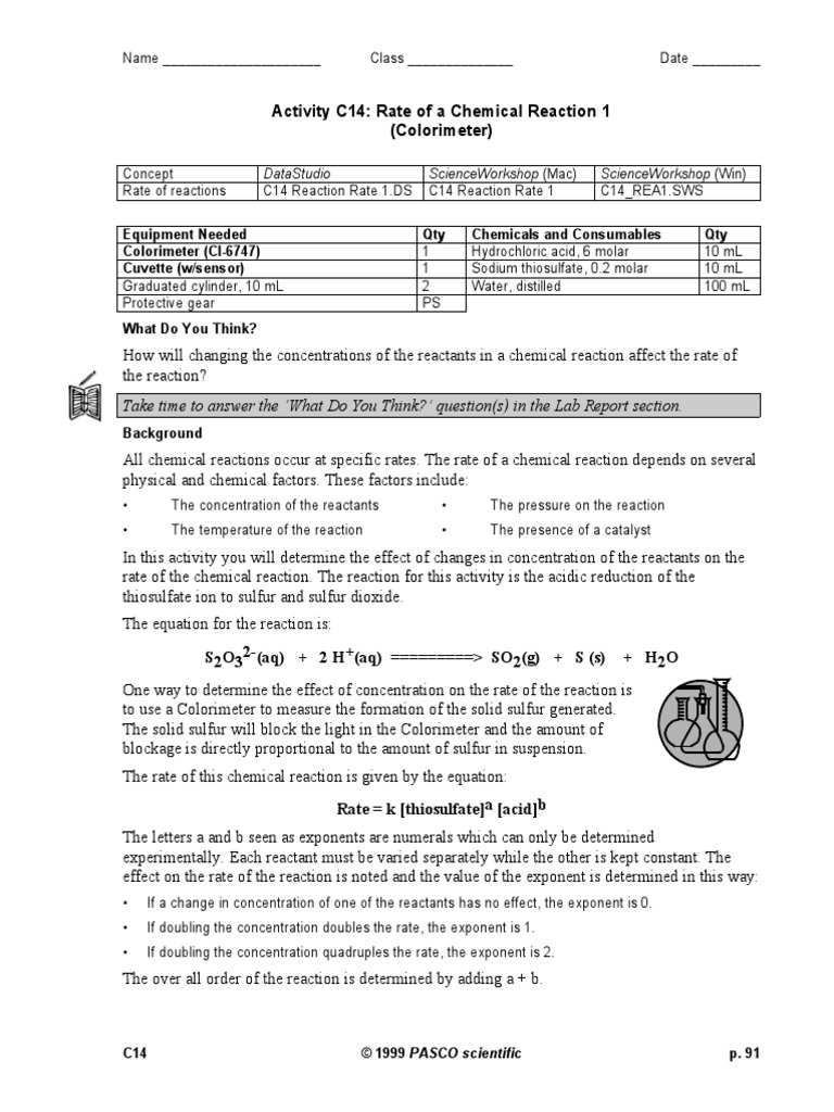 Activity C14 Rate of A Chemical Reaction 1 (Colorimeter) PDF Chemical Reactions Reaction Rate
