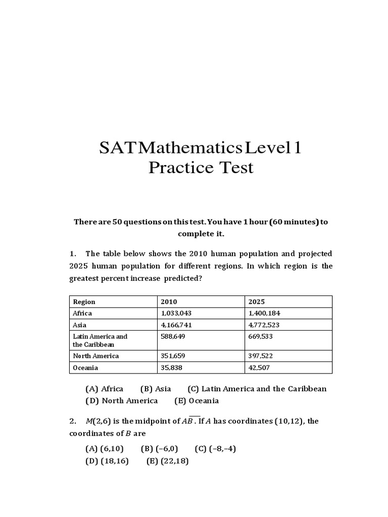 SAT Math Level 1 Practice Test | PDF | Angle | Area