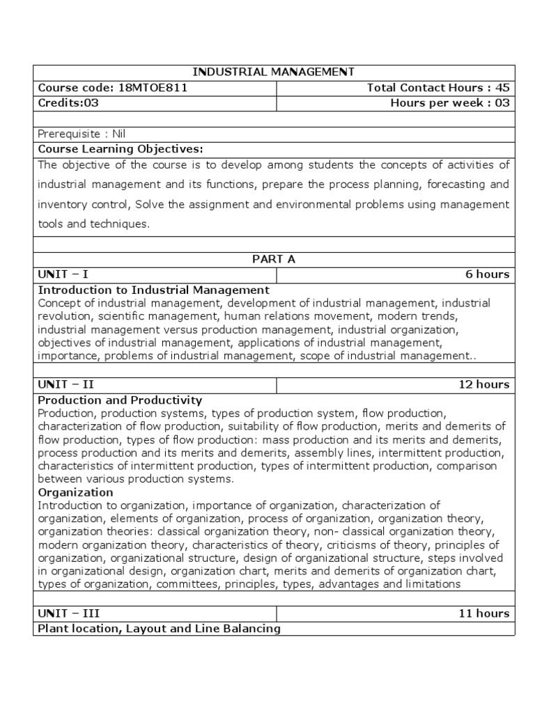 Industrial Management Syllabus PDF Design Information