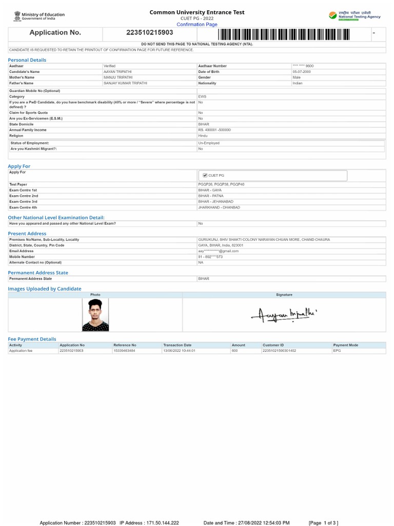 Application Number: 223510215903 IP Address: 171.50.144.222 Date and ...