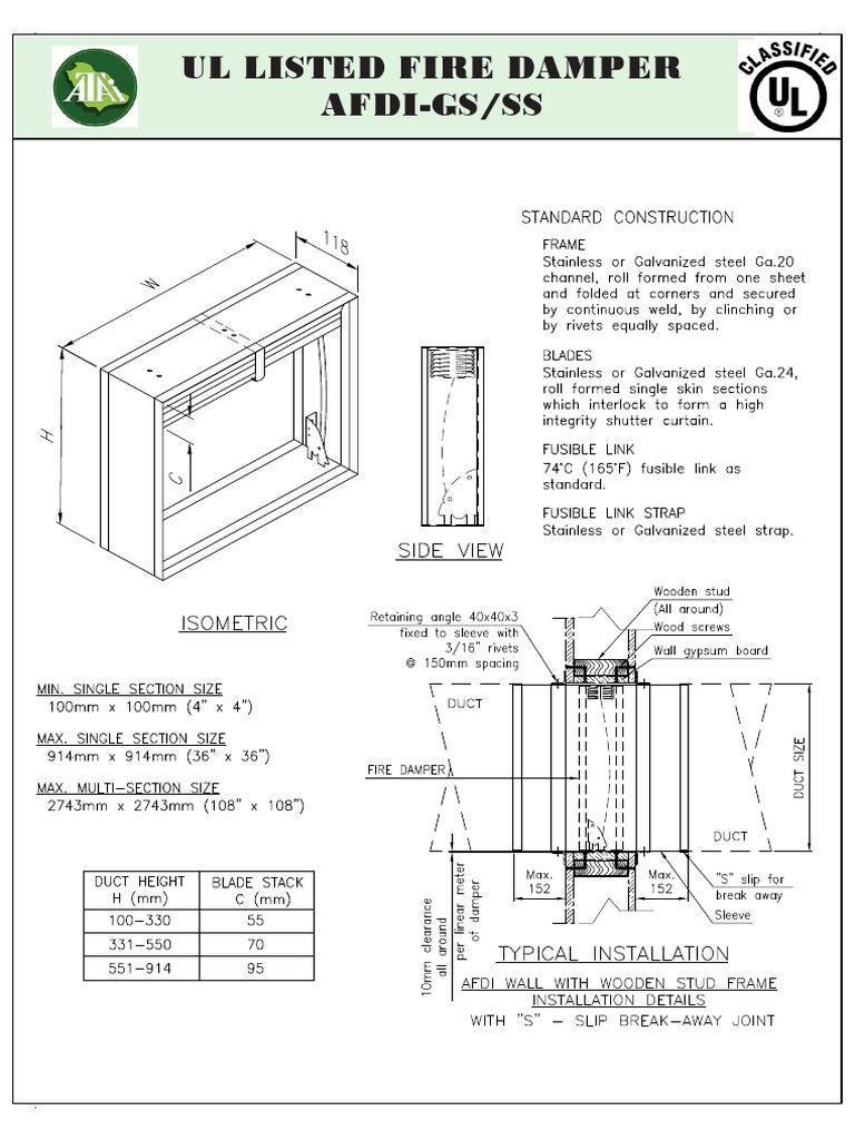 Ul Listed Fire Damper AfdiGs/Ss PDF Switch Duct (Flow)