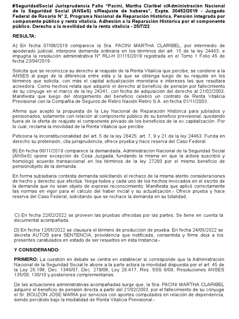 Jurisprudencia 2022 - Pacini, Martha Claribel CANSeS - Reajustes ...