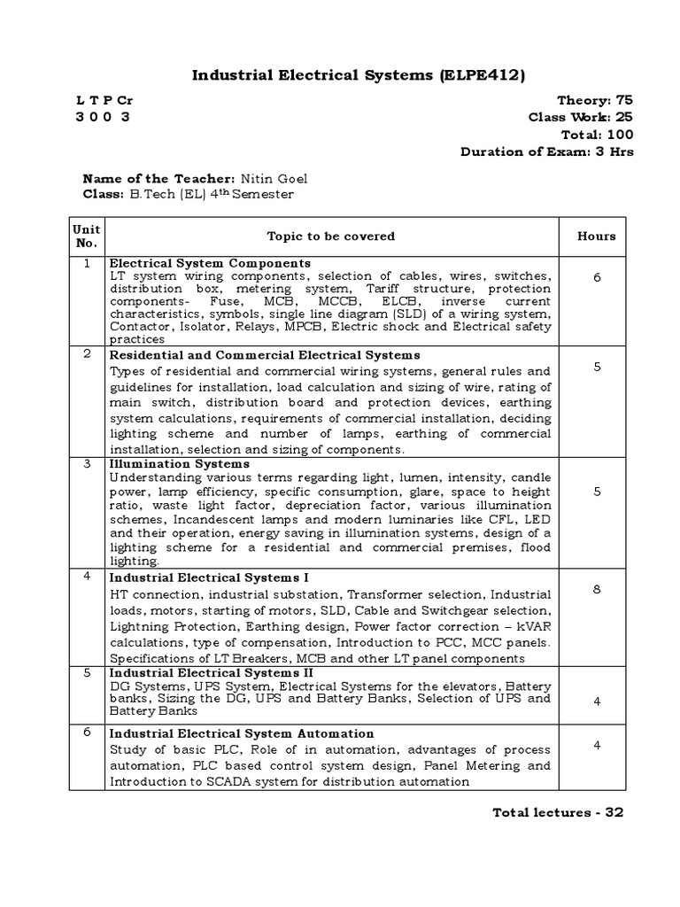 Industrial Electrical Systems Course Overview PDF Lighting