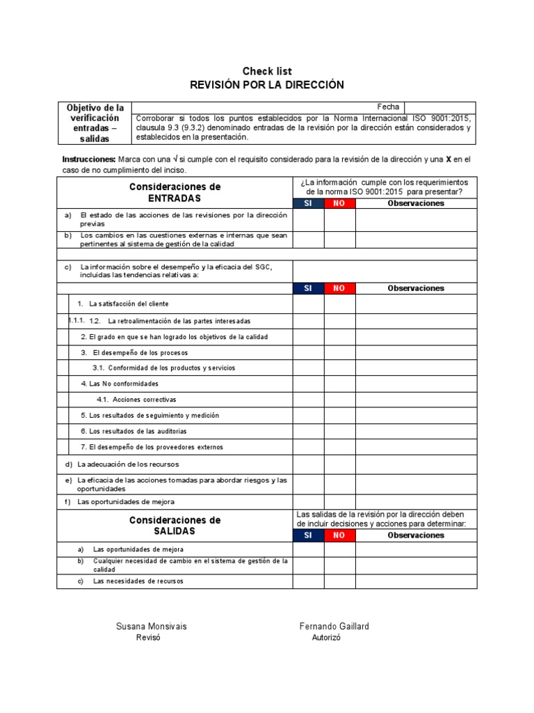 Check List Revision Por La Direccion | PDF | Calidad (comercial) | Business