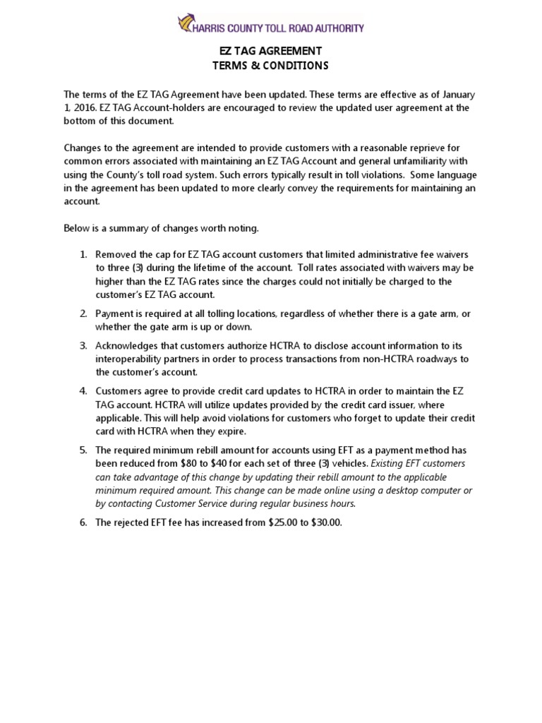 Ez Tag Agreement Terms & Conditions PDF Credit Card Debit Card