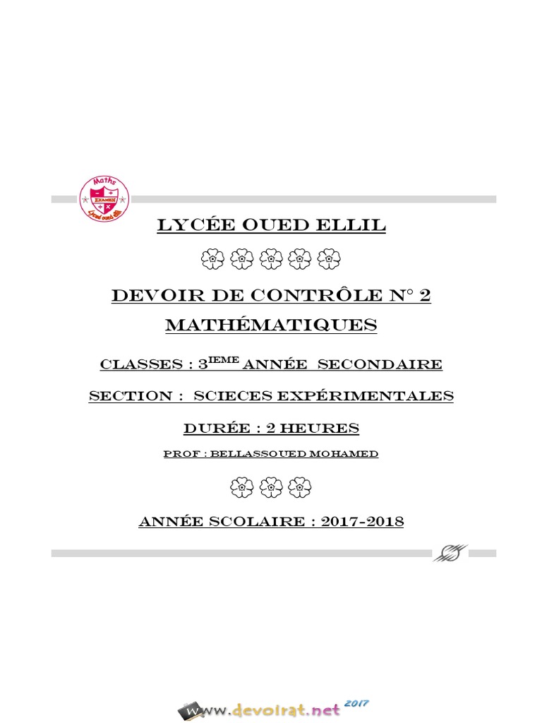 Devoir de Contrôle N°2 - Math - 3ème Sciences Exp (2017-2018) MR ...