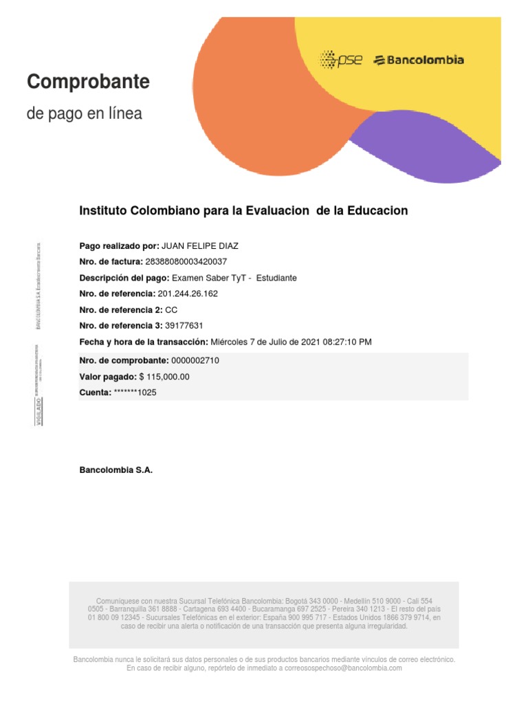 Comprobante de Pago en Linea - PDF Icfes Saber T y T | PDF | Finanzas y ...