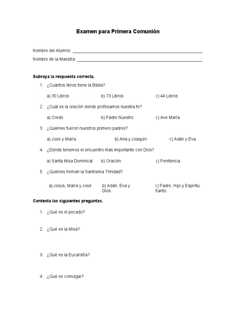 Examen para Primera Comunión PDF