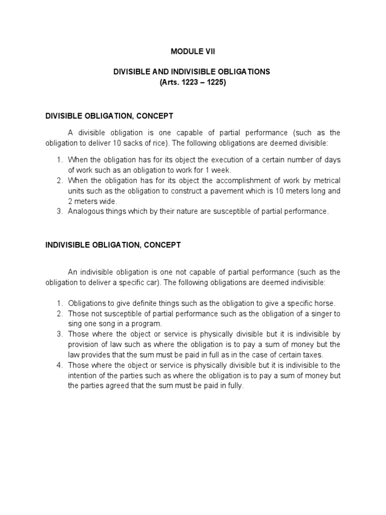 Divisible And Indivisible Obligations Arts 1223 1225 PDF