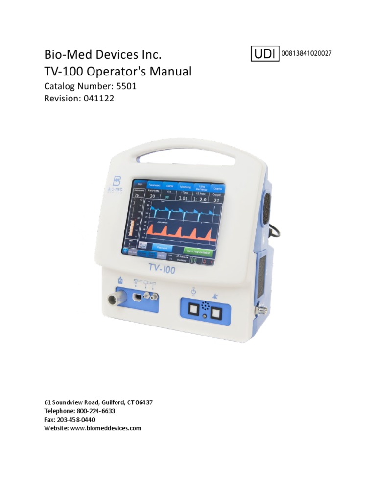 BioMed Devices Inc. TV100 Operator's Manual Catalog Number 5501