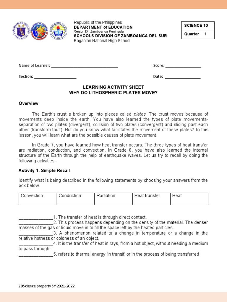 Learning Activity Sheet Why Do Lithospheric Plates Move? Republic of