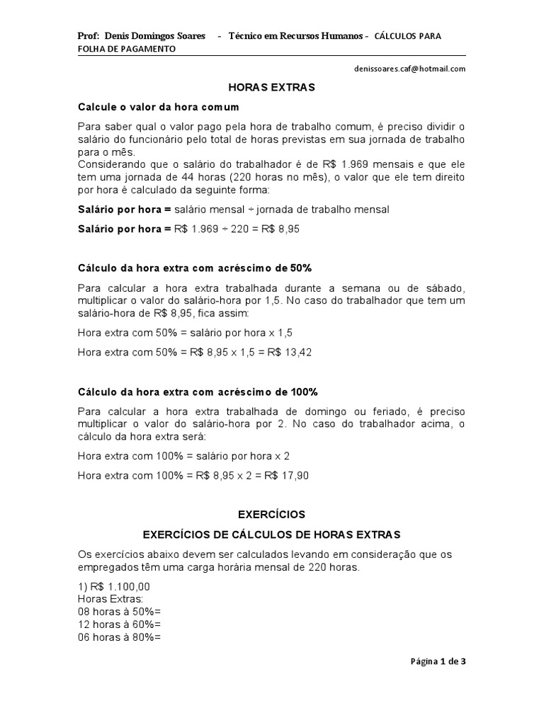 CFP - Horas Extras - Base Ii - Atividade 2 | PDF | Hora extra | Salário