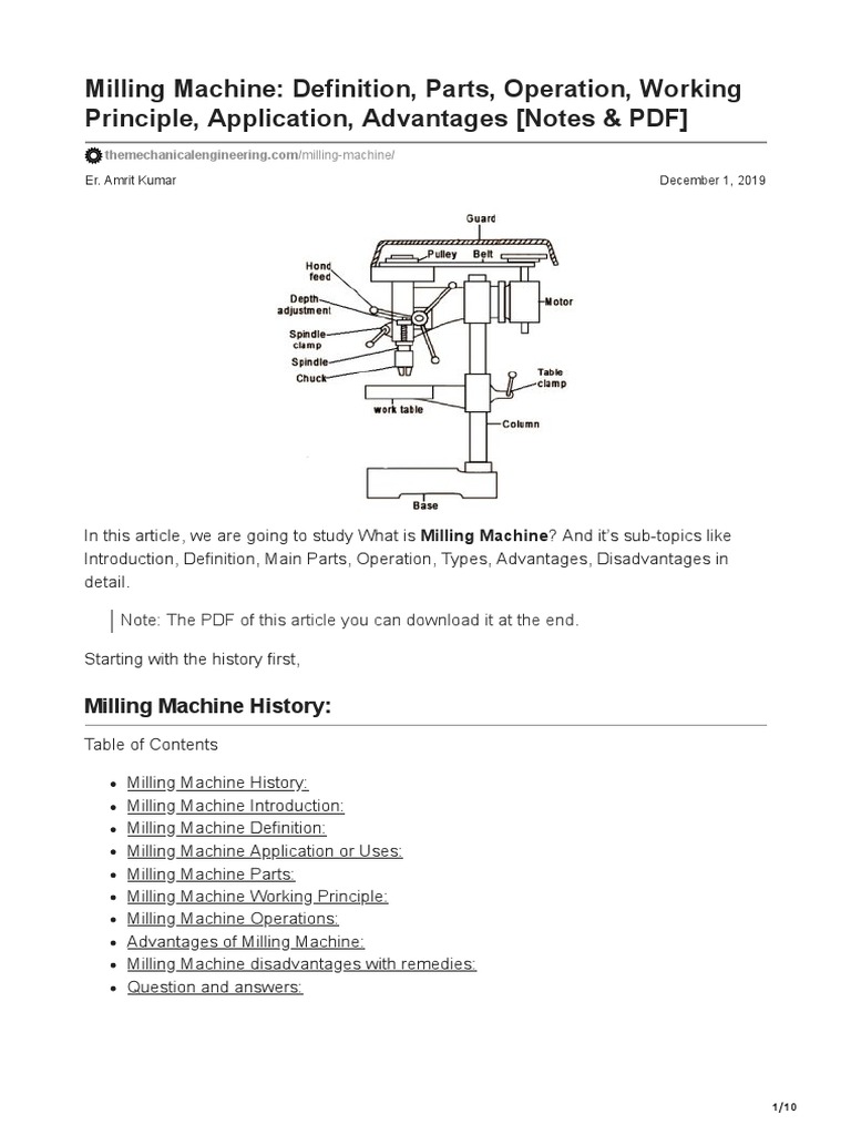 Milling Machine Definition, Parts, Operation, Working Principle