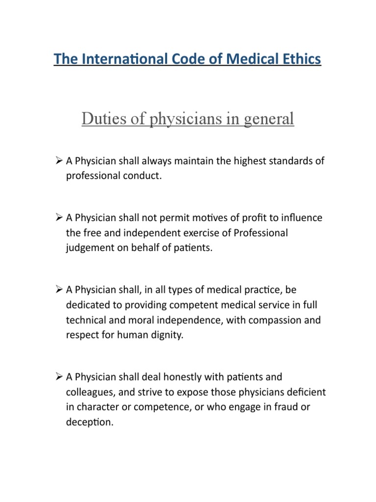 Duties of Physicians in General The International Code of Medical