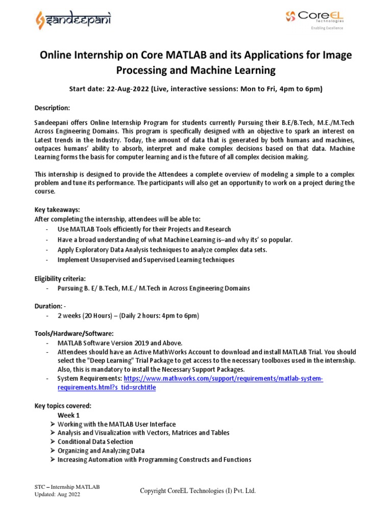 Internship MATLAB 22aug22 PDF Machine Learning Matlab