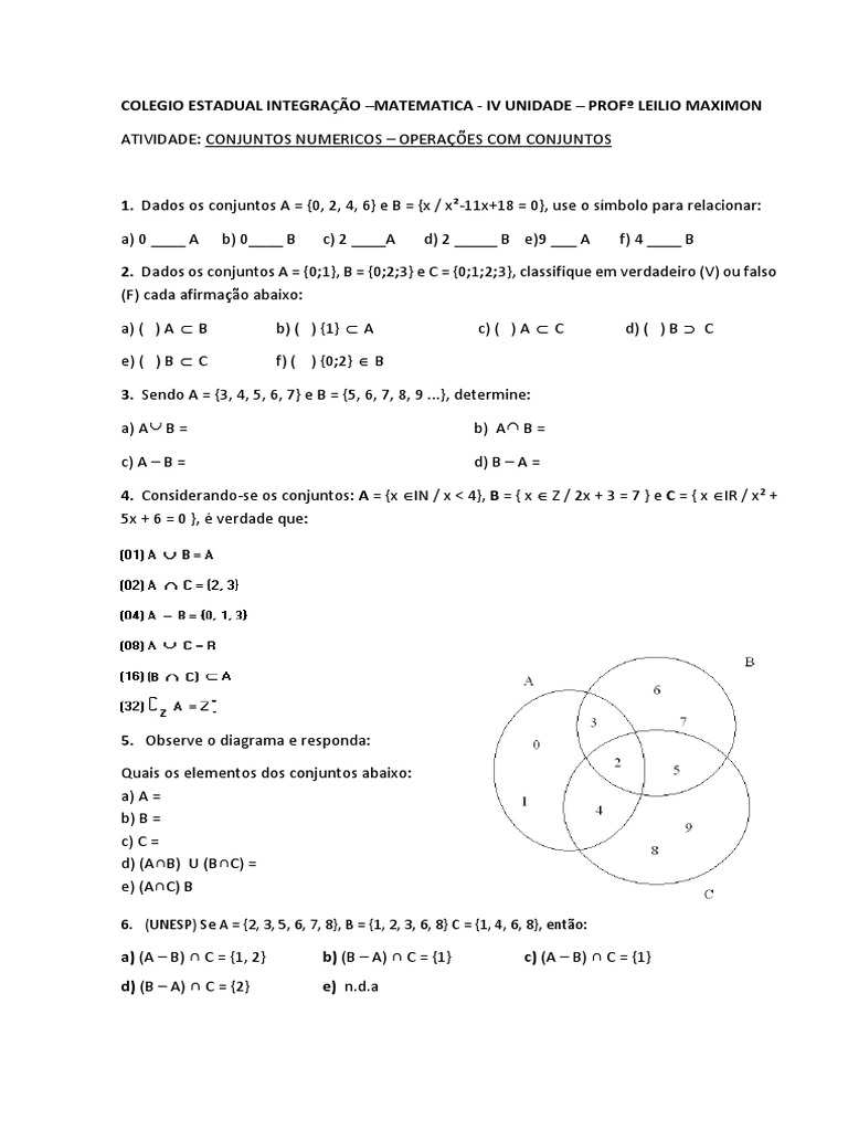 CONJUNTOS - ATIVIDADE de Matemática | PDF