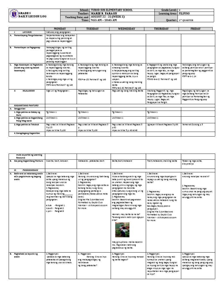 DLL - Filipino 5 - Q1 - W1 | PDF