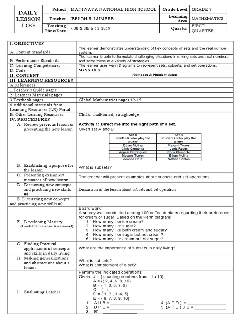 Understanding Sets and Subsets A Detailed Lesson Plan for Teaching Key Concepts of Sets and