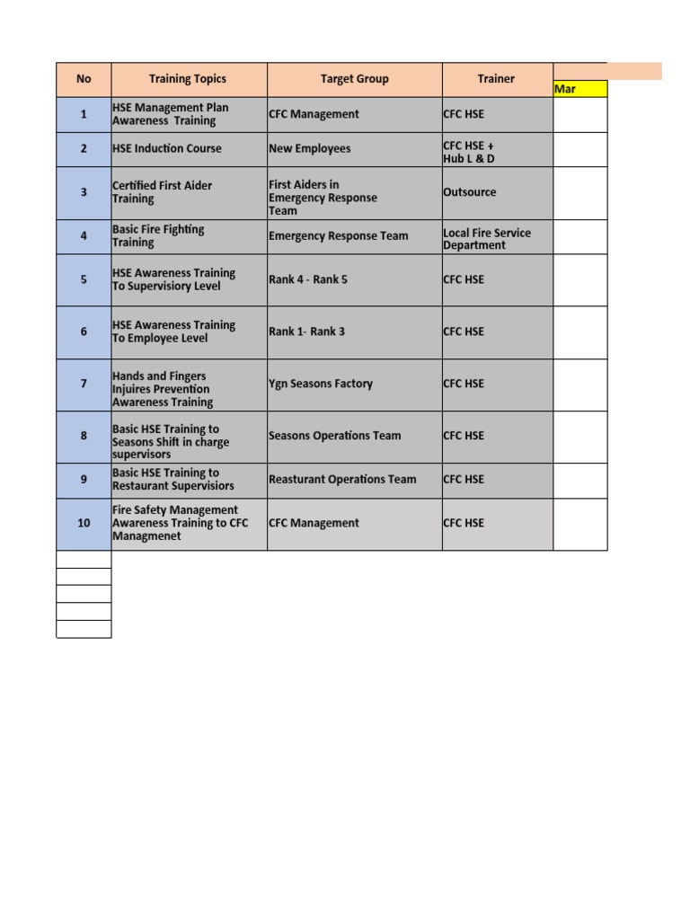HSE Training Calendar PDF