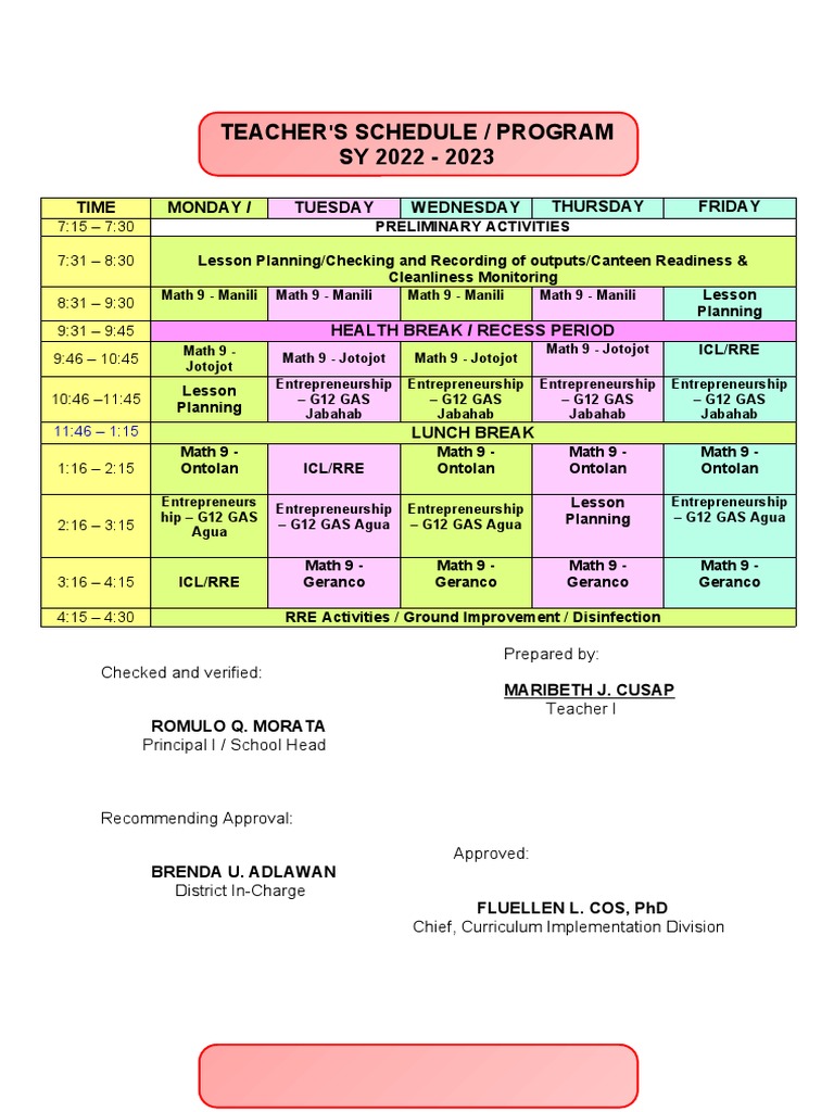 Teacher'S Schedule / Program SY 2022 - 2023: Time Monday / Tuesday ...