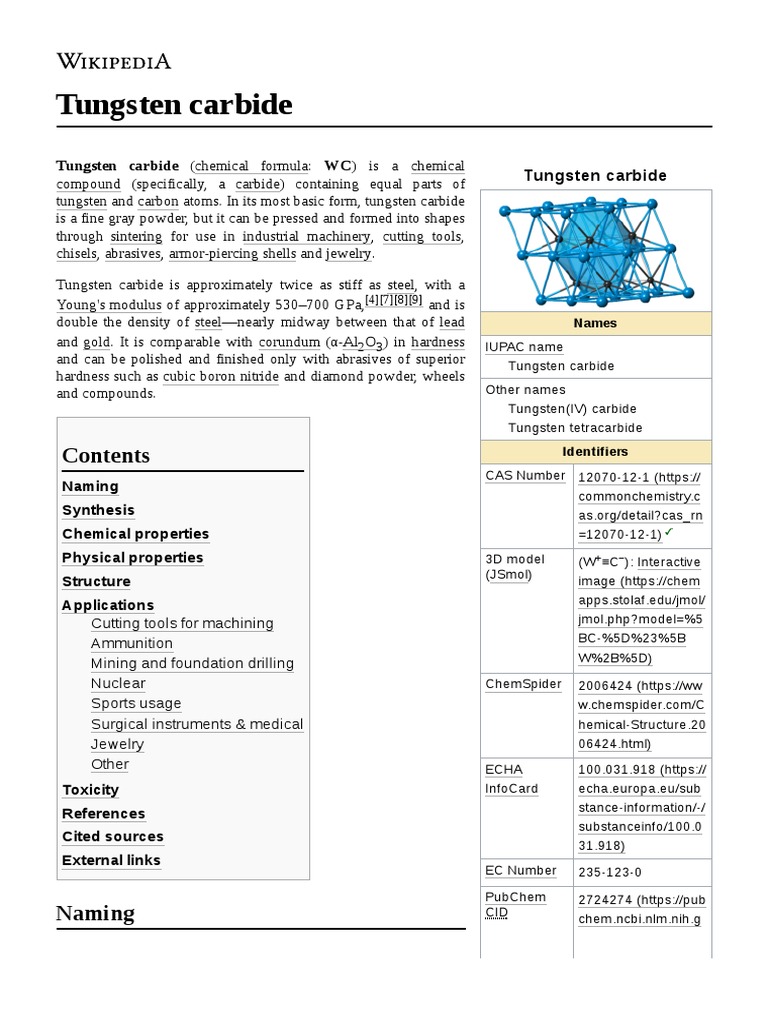 Tungsten Carbide Tungsten Carbide (Chemical Formula WC) Is A Chemical
